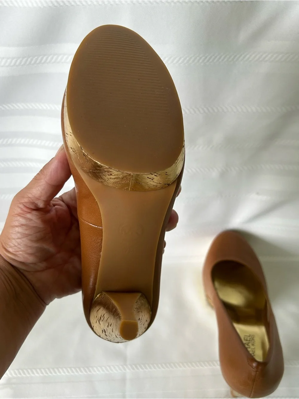 Michael Kors Womens 7 Brown Nappa Leather High Heel Pumps Gold Accents In Box